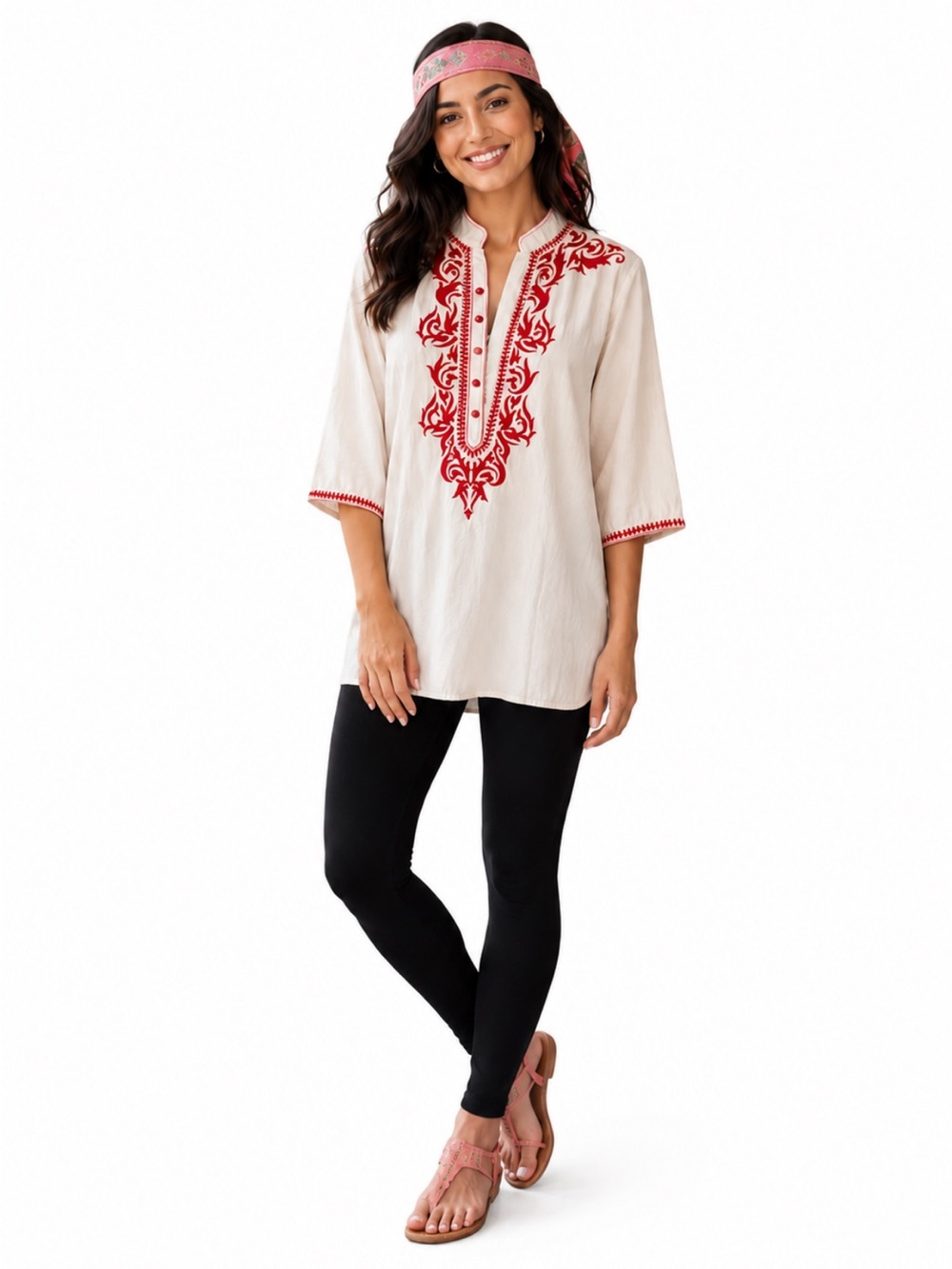 Women’s White 100% Cotton Embroidered Kurti Tunic Top Red Boho Folk Shirt Size M